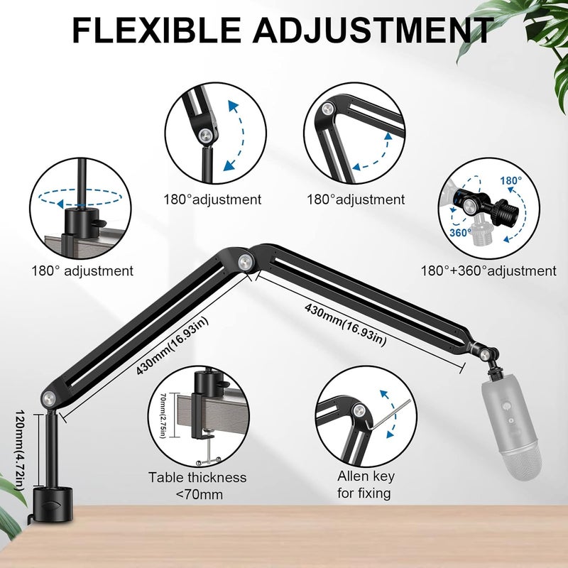 Aokeo Microphone Boom Arm, AK-45 Desk Adjustable Compact Mic Suspension Boom Scissor Arm Stand For Blue Yeti,Snowball iCE, HyperX QuadCast,SoloCast,Elgato Wave,Etc - Image 3